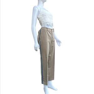 Qui Women Cream Pants‎ Straight Leg Blue Side Stripe Cotton Chino Casual Trouser